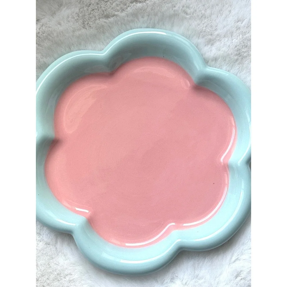 New Flower Ceramic Cat Plate Whisker‎ Fatigue Relief Pet Dish Pink Blue 6 inch